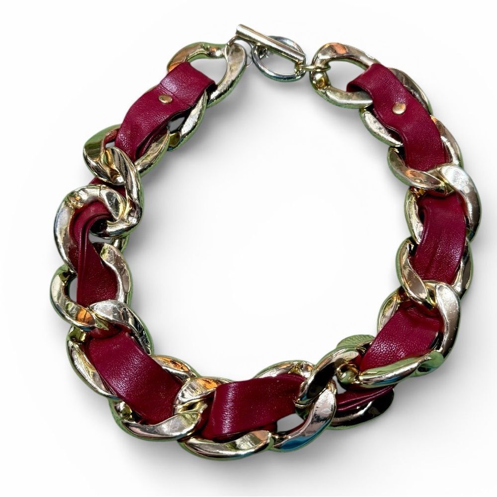 VTG Michael Kors Gold Chain-Link Necklace with Burgundy Leather Inlay 18” - Picture 2 of 4